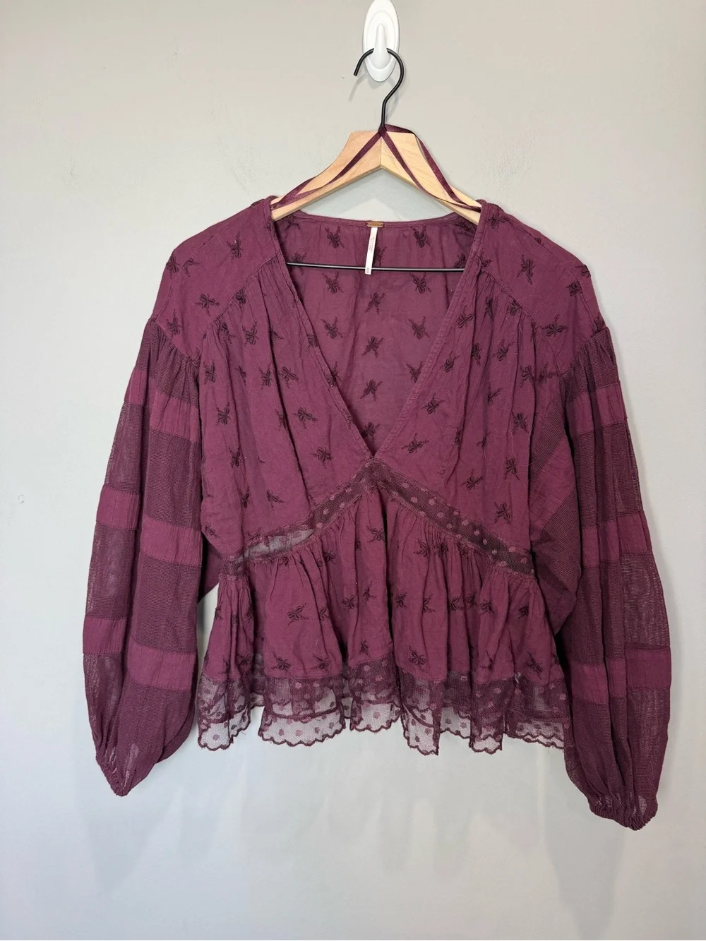 Free‎ People Nostalgic Feels Burgundy Embroidered Peplum Blouse M